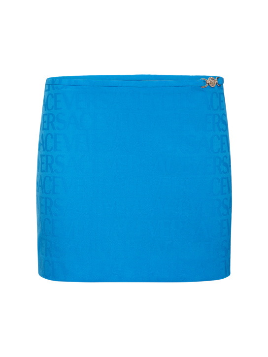 Versace: Logo wool jacquard mini skirt - Blue - women_0 | Luisa Via Roma