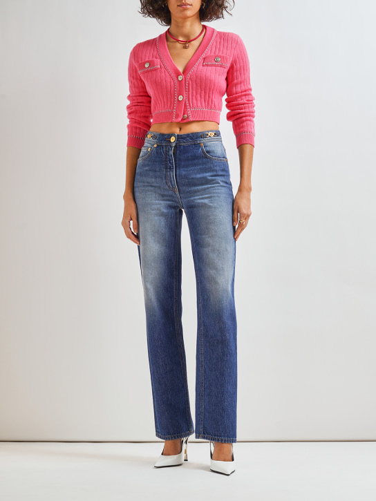 Versace: 罗纹针织V领短款羊毛开衫 - 粉色 - women_1 | Luisa Via Roma