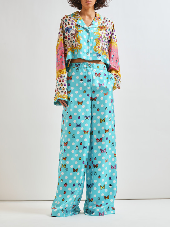 Versace: Camicia cropped in twill di seta stampata - Multicolore - women_1 | Luisa Via Roma