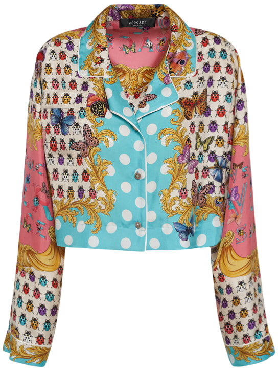 Versace: Camicia cropped in twill di seta stampata - Multicolore - women_0 | Luisa Via Roma