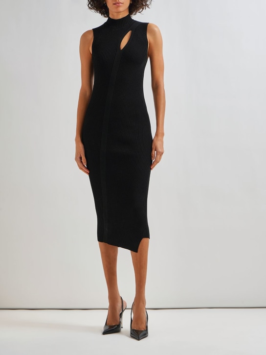 Versace: 无袖罗纹针织镂空迷笛连衣裙 - 黑色 - women_1 | Luisa Via Roma