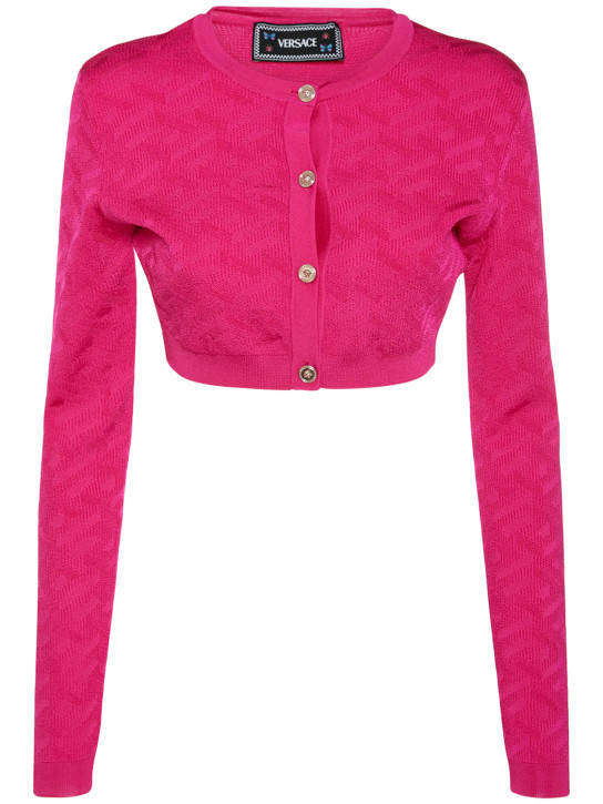 Versace: Logo提花粘胶纤维针织短款开衫 - 桃红色 - women_0 | Luisa Via Roma