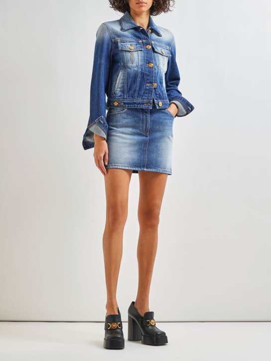 Versace: Cotton denim high waist mini skirt - Mavi - women_1 | Luisa Via Roma