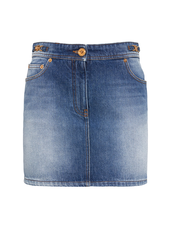 Versace: Cotton denim high waist mini skirt - Blue - women_0 | Luisa Via Roma