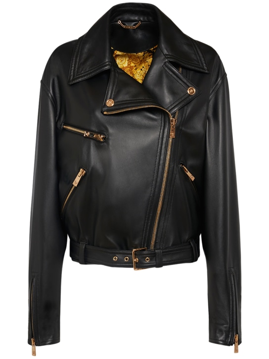 Versace: Leather biker jacket - Black - women_0 | Luisa Via Roma