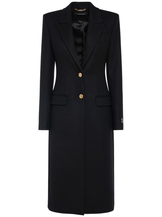 Versace: 单排扣羊毛毡长款大衣 - 黑色 - women_0 | Luisa Via Roma