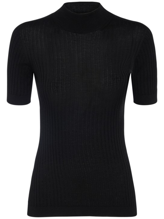 Versace: Wool rib knit turtleneck top - Siyah - women_0 | Luisa Via Roma