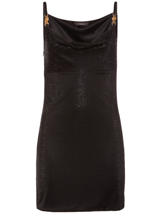 Versace: Vestido corto de viscosa con decoraciones - Negro - women_0 | Luisa Via Roma