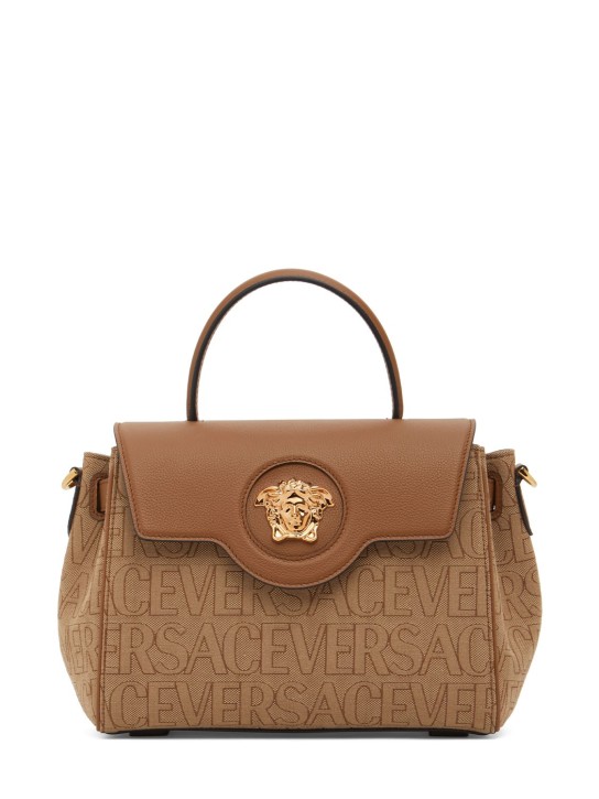 Versace: La Medusa canvas top handle bag - Beige/Brown - women_0 | Luisa Via Roma
