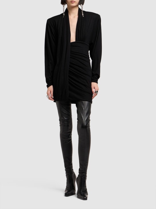 Saint Laurent: 不对称长袖羊毛连衣裙 - 黑色 - women_1 | Luisa Via Roma