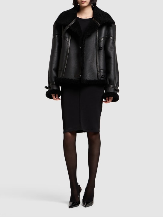 Saint Laurent: Leather shearling jacket - Siyah - women_1 | Luisa Via Roma