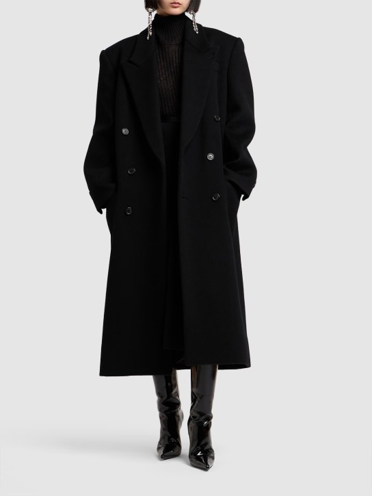 Saint Laurent: Manteau long en laine à double boutonnage - Noir - women_1 | Luisa Via Roma