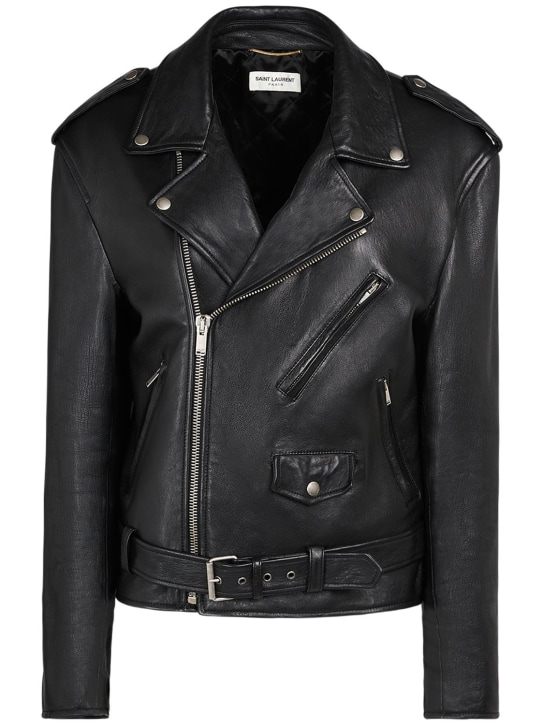 Saint Laurent: Belted leather zip-up jacket - Black - women_0 | Luisa Via Roma