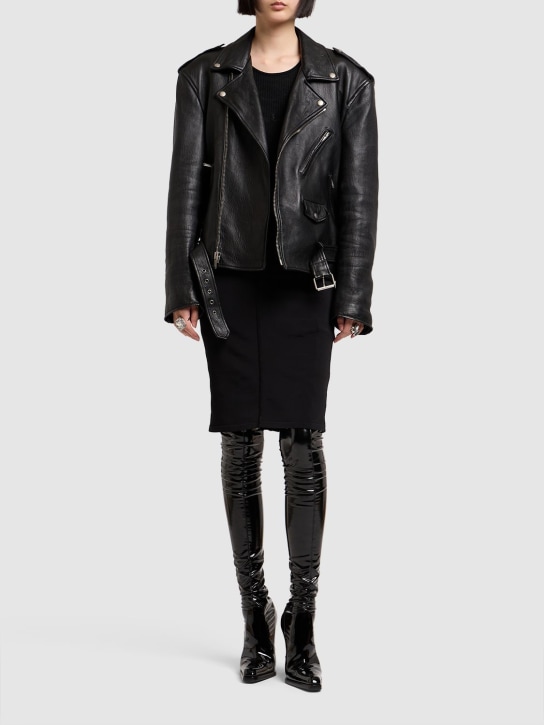 Saint Laurent: Veste zippée en cuir avec ceinture - Noir - women_1 | Luisa Via Roma