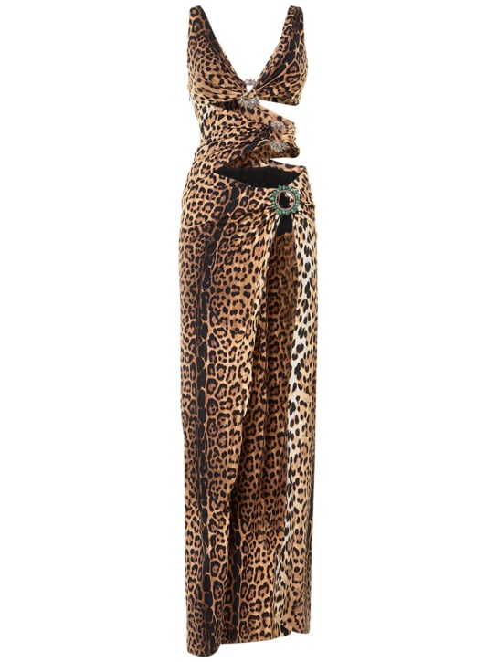 Roberto Cavalli: 豹纹印花平纹针织镂空长款连衣裙 - women_0 | Luisa Via Roma