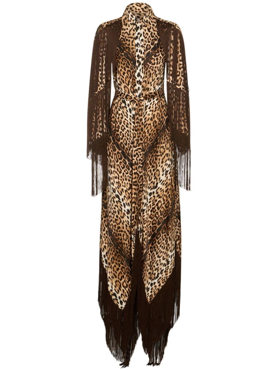 Roberto Cavalli: Langes Kleid mit Satinbesatz mit Druck „Jaguar“ - Bunt - women_0 | Luisa Via Roma