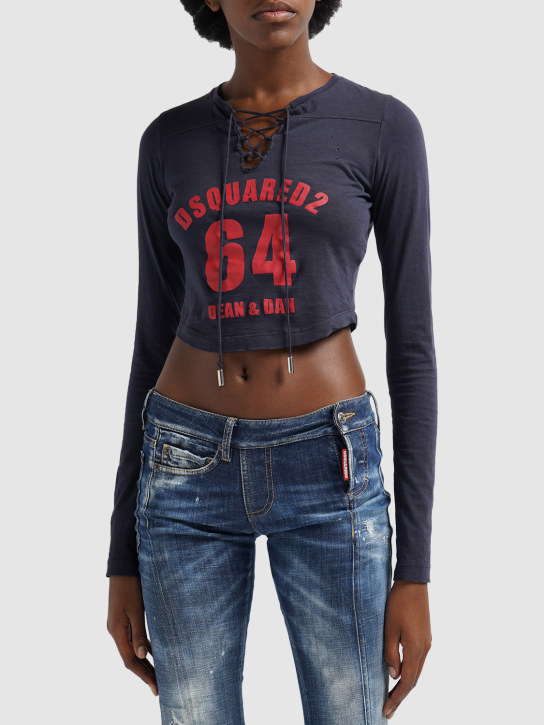 Dsquared2: Cotton jersey lace-up crop top - Blue/Red - women_1 | Luisa Via Roma