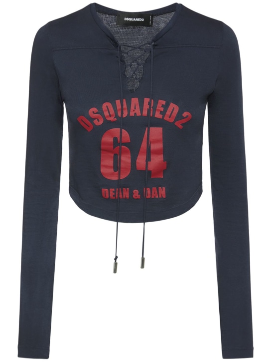 Dsquared2: Cotton jersey lace-up crop top - Blue/Red - women_0 | Luisa Via Roma