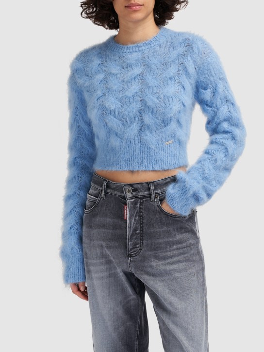 Dsquared2: 3D cable knit mohair crop sweater - Light Blue - women_1 | Luisa Via Roma