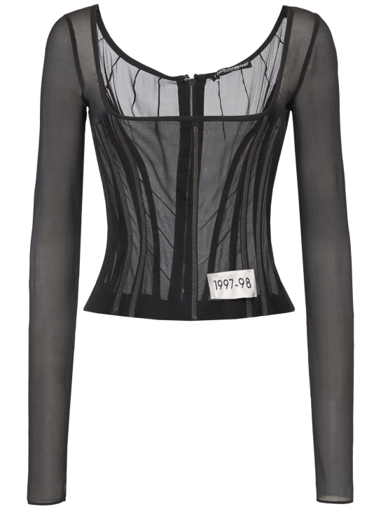 Dolce&Gabbana: Top de corsé de tul de seda transparente - Negro - women_0 | Luisa Via Roma