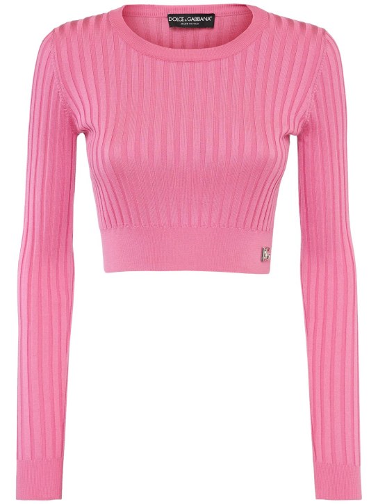Dolce&Gabbana: Suéter corto de punto de seda - Rosa - women_0 | Luisa Via Roma