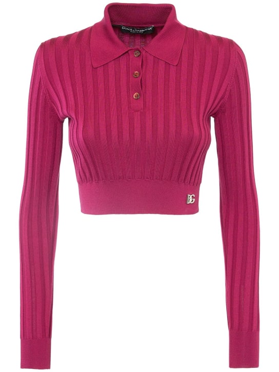 Dolce&Gabbana: Silk rib knit polo crop sweater - Mor - women_0 | Luisa Via Roma