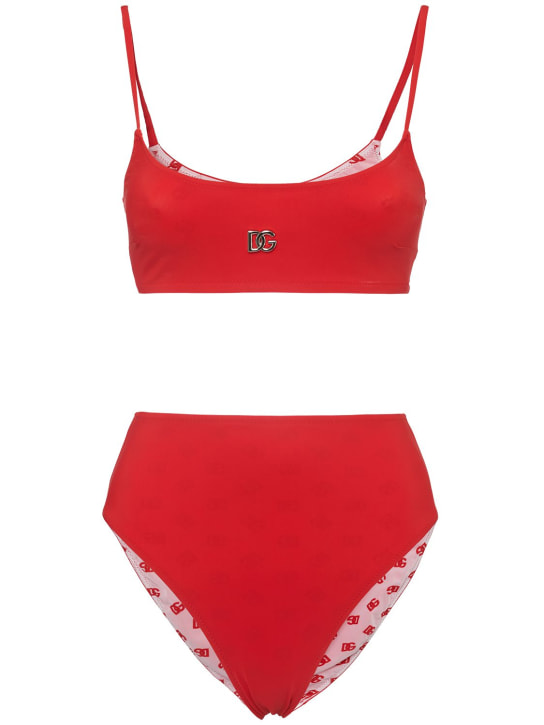 Dolce&Gabbana: Logo平纹针织比基尼套装 - 红色 - women_0 | Luisa Via Roma