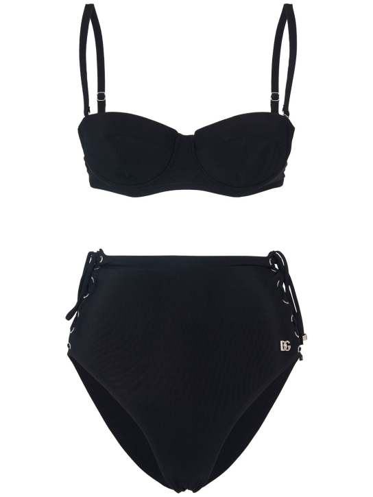 Dolce&Gabbana: Set bikini in jersey con laccini - Nero - women_0 | Luisa Via Roma