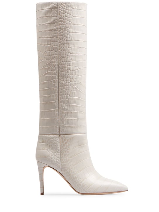 Paris Texas: 85mm Stiletto croc embossed boots - Fil dişi rengi - women_0 | Luisa Via Roma