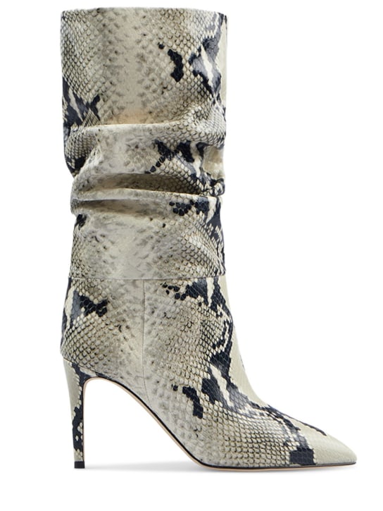 Paris Texas: 85毫米蟒蛇纹印花皮革堆堆靴 - 黑色/白色 - women_0 | Luisa Via Roma