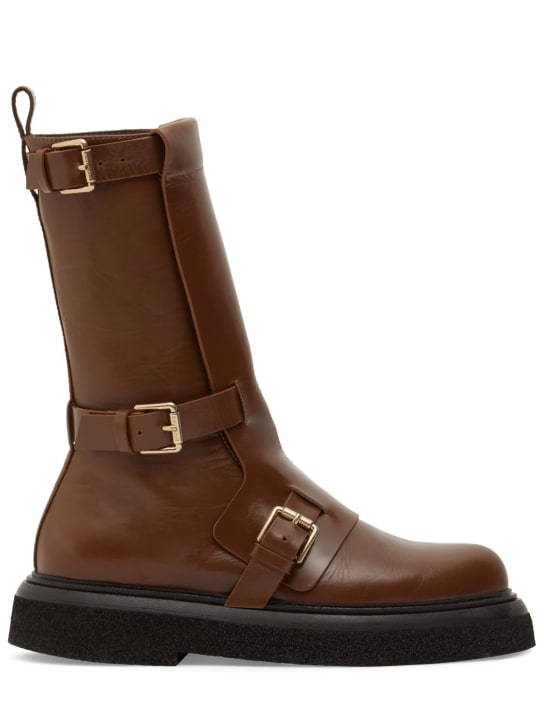 Max Mara: 20mm Buckleboots leather tall boots - Brown - women_0 | Luisa Via Roma