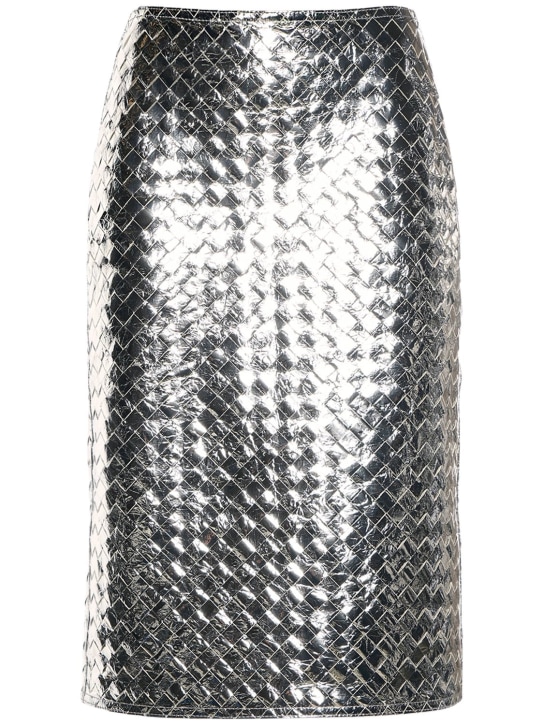 Bottega Veneta: Intrecciato laminated leather midi skirt - Silver - women_0 | Luisa Via Roma