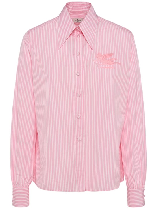 Etro: Camisa de popelina de algodón con logo bordado - Rosa/Blanco - women_0 | Luisa Via Roma