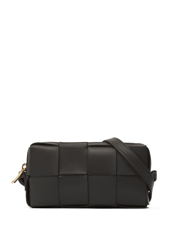 Bottega Veneta: Mini Cassette leather crossbody bag - Black - women_0 | Luisa Via Roma