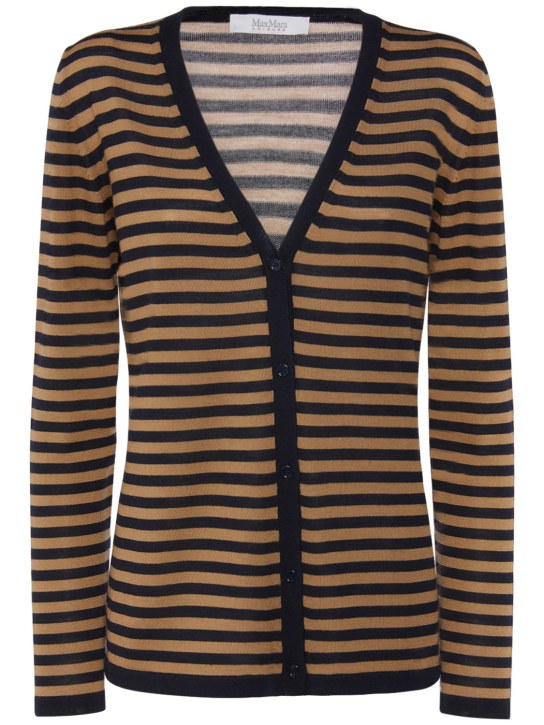 Max Mara: Corolla striped wool knit cardigan - Camel/Navy - women_0 | Luisa Via Roma