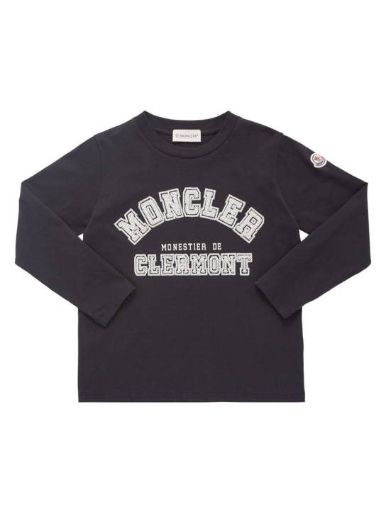 Moncler: Camiseta de algodón jersey con manga larga - Negro - kids-boys_0 | Luisa Via Roma