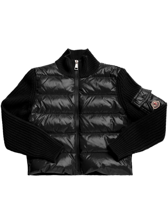 Moncler: Carded wool & nylon down jacket - Black - kids-boys_0 | Luisa Via Roma