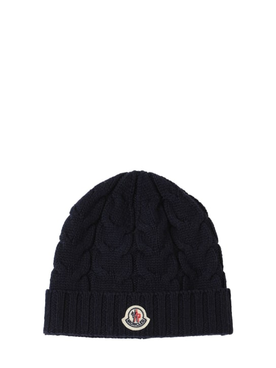 Moncler: Cable knit wool beanie - Navy - kids-boys_0 | Luisa Via Roma