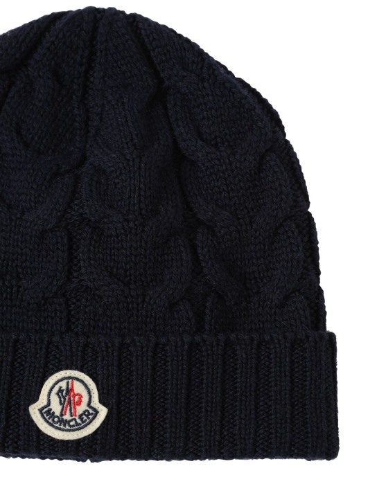 Moncler: Cable knit wool beanie - Navy - kids-boys_1 | Luisa Via Roma