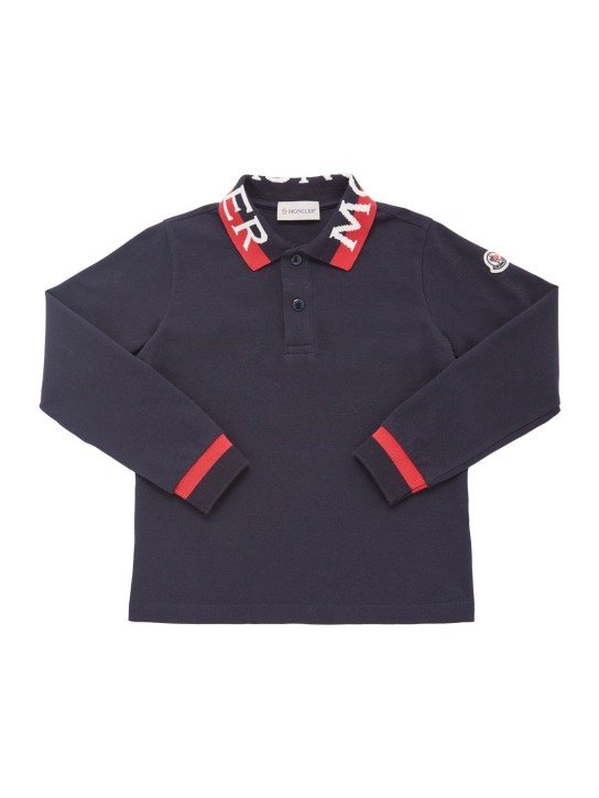 Moncler: Cotton piquet l/s polo shirt - Navy - kids-boys_0 | Luisa Via Roma