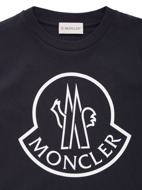 Moncler: T-shirt en jersey de coton à logo - Bleu Marine - kids-girls_1 | Luisa Via Roma