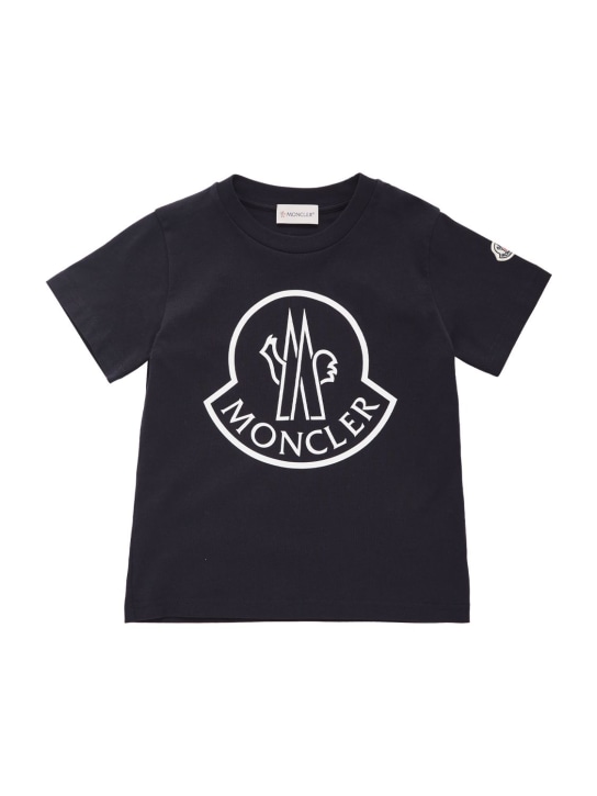 Moncler: T-shirt in jersey di cotone con logo - Navy - kids-girls_0 | Luisa Via Roma