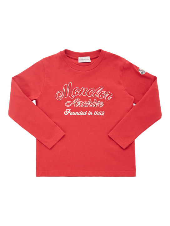 Moncler: T-shirt manches longues en jersey de coton à logo - Rouge Écarlate - kids-boys_0 | Luisa Via Roma