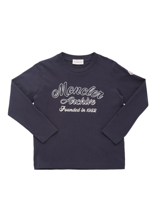Moncler: Camiseta de algodón jersey con manga larga - Azul Marino - kids-boys_0 | Luisa Via Roma