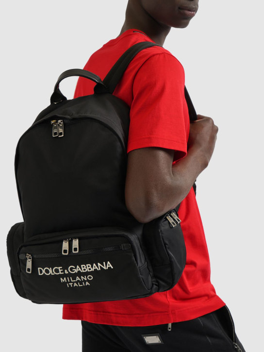 Dolce&Gabbana: Rubberized logo nylon backpack - Siyah - men_1 | Luisa Via Roma