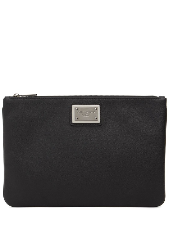 Dolce&Gabbana: Logo plaque leather & nylon pouch - Black - men_0 | Luisa Via Roma