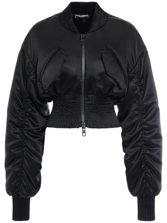 Dolce&Gabbana: Draped satin cropped bomber jacket - Siyah - women_0 | Luisa Via Roma