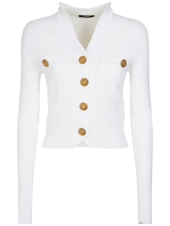 Balmain: Cardigan en jersey de viscose côtelée - Blanc - women_0 | Luisa Via Roma