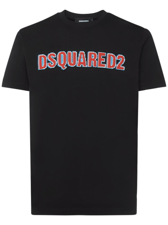 Dsquared2: Logo printed cotton jersey t-shirt - Siyah - men_0 | Luisa Via Roma