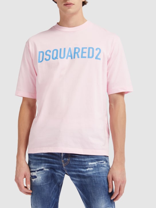 Dsquared2: T-shirt loose en coton imprimé logo - Rose Bébé - men_1 | Luisa Via Roma
